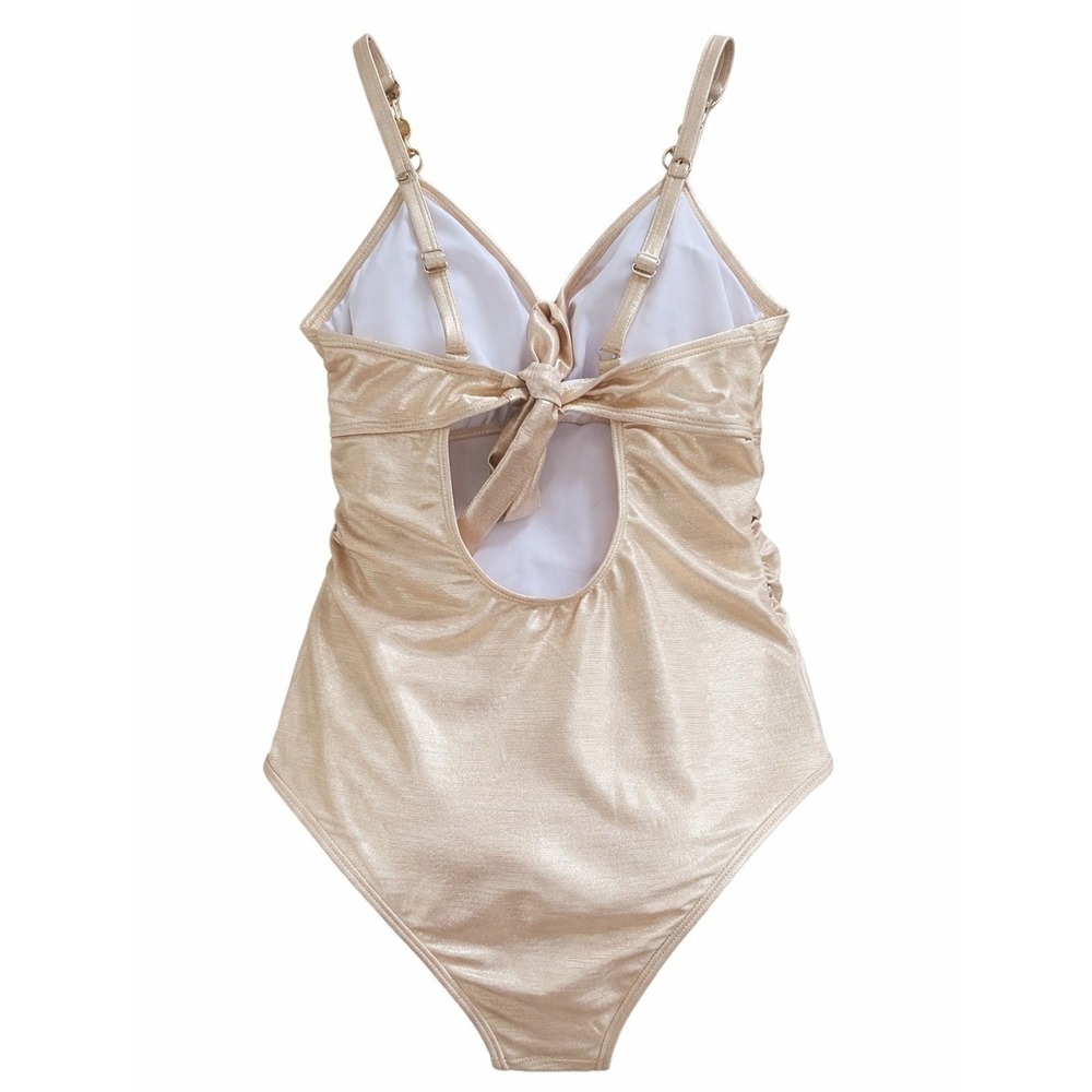 Metallic Gold One Piece Swimsuit Ruched Shimmer V Neck Resort Cruise Size M - Picture 4 of 7